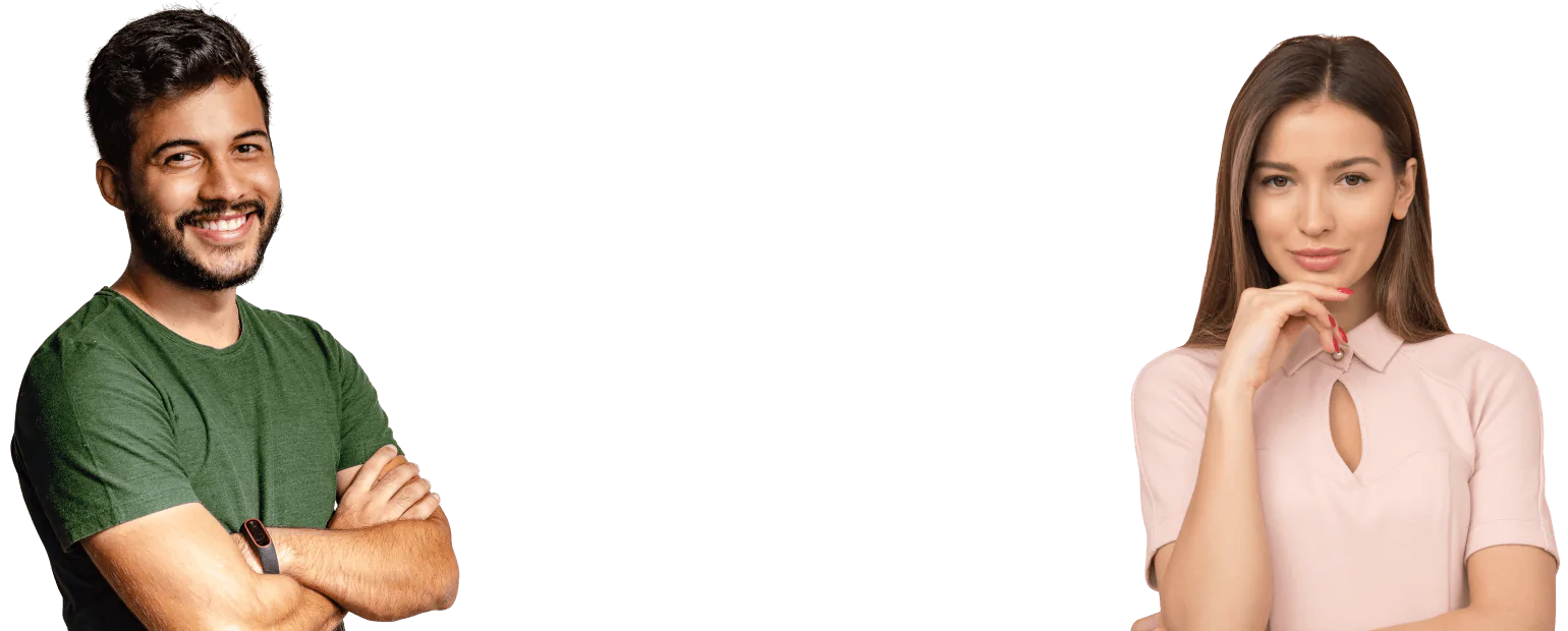 Um homem e uma mulher olhando para frente, com um carrossel de modelos de sites prontos da Loguei servindo de plano de fundo